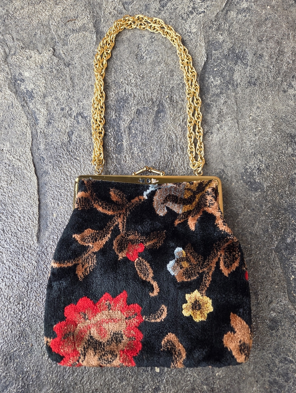 Gold-Handle Black Floral Chenille Velvet Carpet Evening Bag